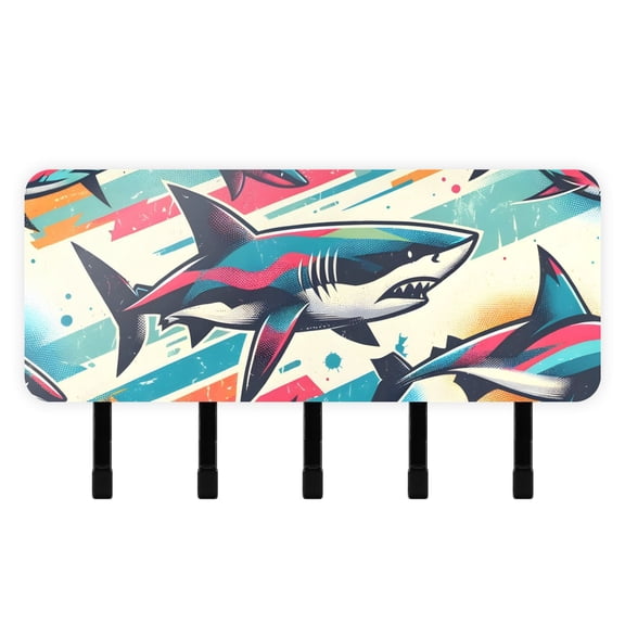 Colorful Sharks Mail Holder Organizer Wall Mount with Shelf Key Holder Key Rack with 5 Key Hooks for Wall Decorative