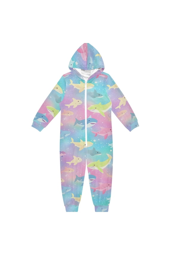 Colorful Sharks One Piece Pajamas Soft Jumpsuit Cozy Sleep and Play Romper Zipper and Pockets 4T