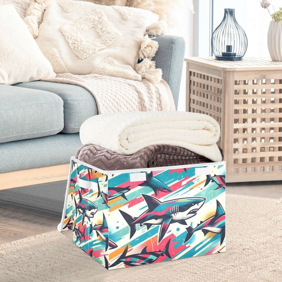 Colorful Sharks Storage Basket Foldable Laundry Basket Shelf Kids Toy Storage Container Organizer with Handles