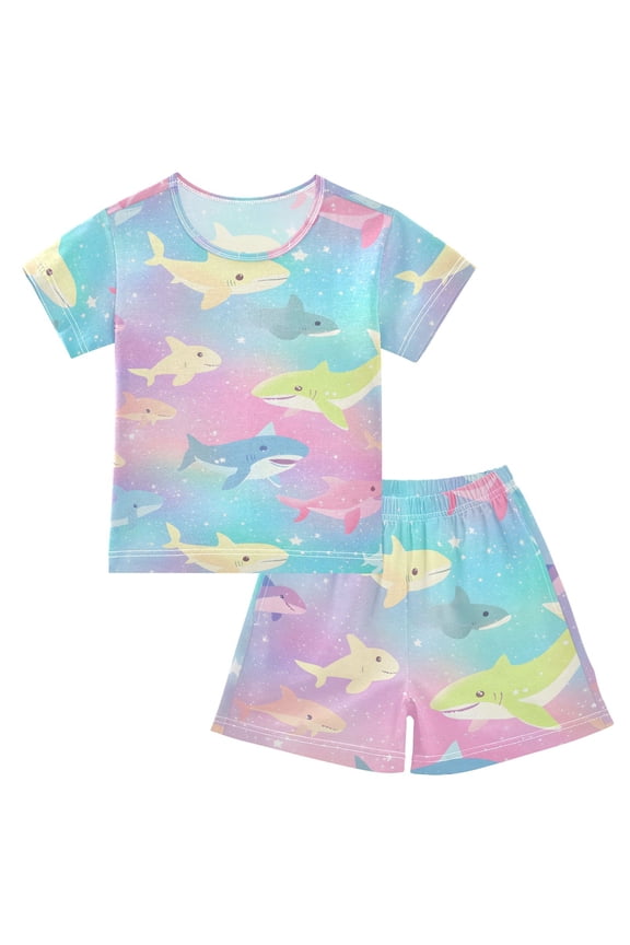 Colorful Sharks Summer Pajama Set Soft Cotton Short Sleeve Sleepwear 2PCS Pajama Sets Breathable Lounge Set Size 6Y