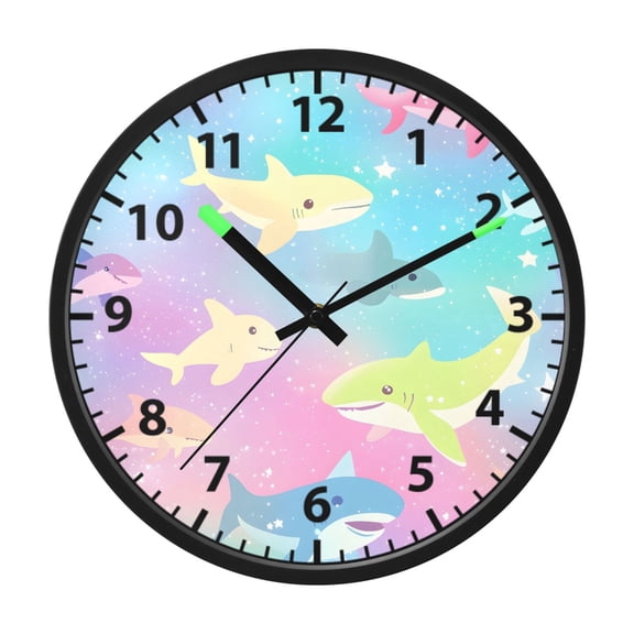 Colorful Sharks Wall Clock 12 Inch Voice Activated Night Light Silent Non Ticking