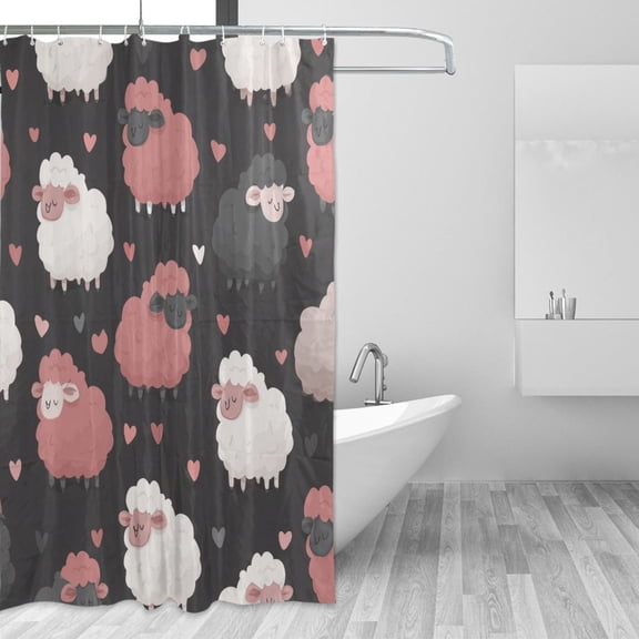 Colorful Sheep Hearts Valentine Shower Curtains with 12 Hooks Waterproof Bathroom Decor 66" x 72"