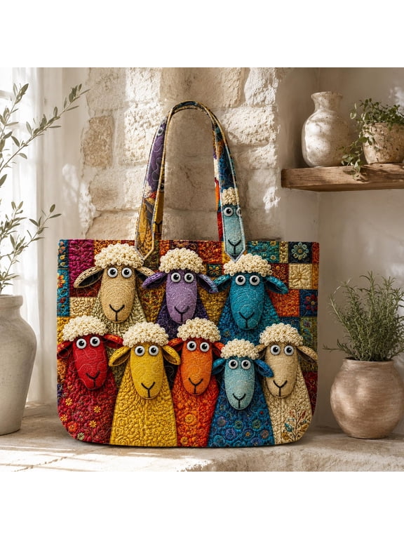 Colorful Sheep Quilted Tote Bag, Whimsical Farm Animal Tote, Rainbow Sheep Shoulder Bag, Cute Cottagecore Gift