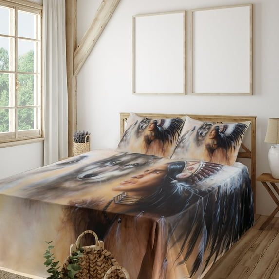 Ambesonne Colorful Fitted & Top Sheet Set with Shams, Old Feather, Multicolor