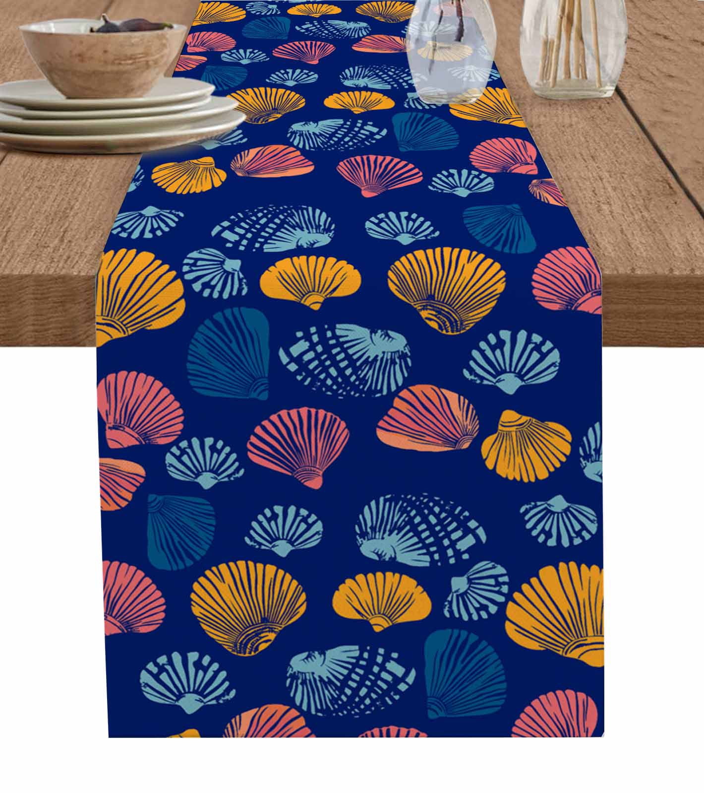 Shell Table Clothes Colorful Shell Burlap Cotton Table Runner 14x72 Inches Long, Navy Blue ...