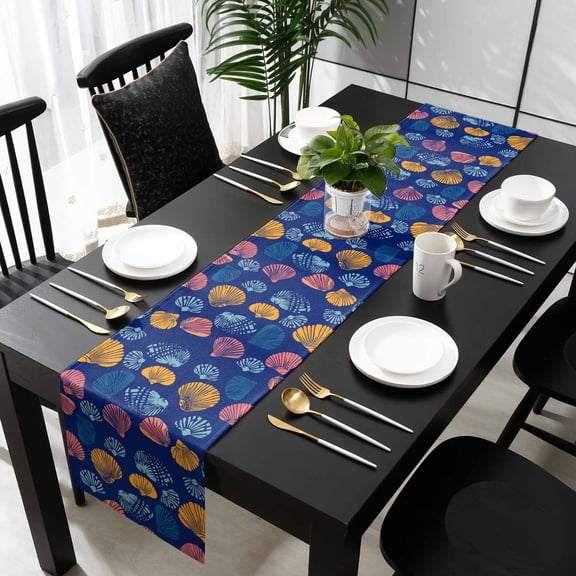 Colorful Shell Cotton Linen Small Table Runner 13 x 36 inch Navy Blue Summer Beach Coastal Non-slip Rectangular Dining Table Decor for Wedding Party Holiday Dinner
