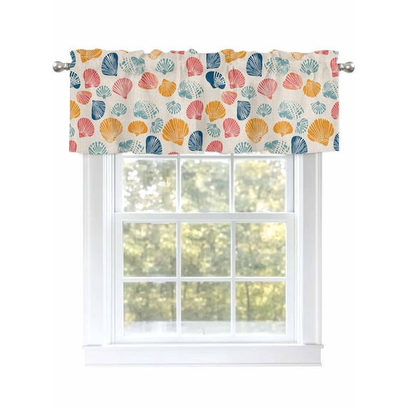 Colorful Shell Curtain Valances for Windows, Beige Burlap Summer Beach Coastal Kitchen Valance Window Treatment, Light Filtering Block Curtains for Bathroom/Bedroom/Living Room 42'' x 18''