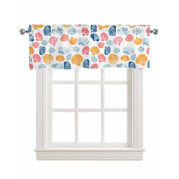 Colorful Shell Kitchen Valances for Windows Farmhouse Linen Window Valance Curtain for Living Room Window Treatment Watercolor Summer Beach Coastal Valance Rod Pocket Topper Drape, 42 x 12 Inch