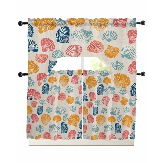 Colorful Shell Swag Kitchen Curtains Sets for Windows 24 Inch Length, Beige Burlap Summer Beach Coastal Short Window Curtain Panels Swags Valances and Tiers 3 Piece Set for Cafe/Dining Room