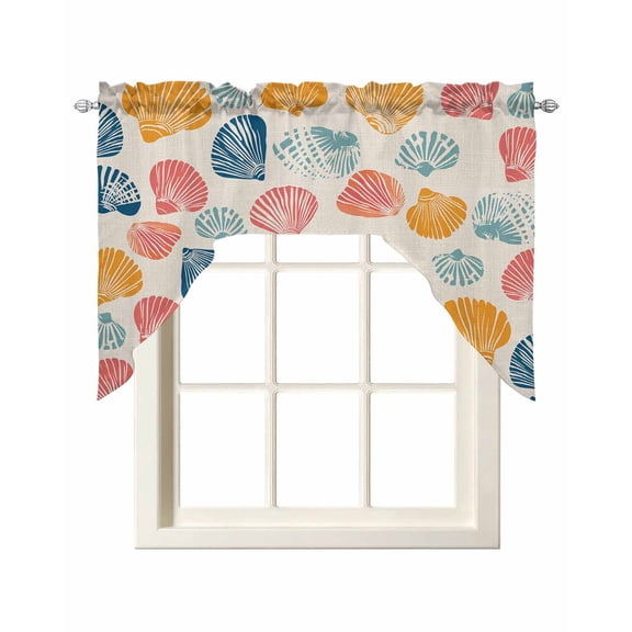 Colorful Shell Swag Valances for Windows, Small Curtains Drapes, Beige Burlap Summer Beach Coastal Kitchen Window Curtains Over Sink Rod Pocket Window Treatment Valance for Bedroom/Bathroom 56"x36"