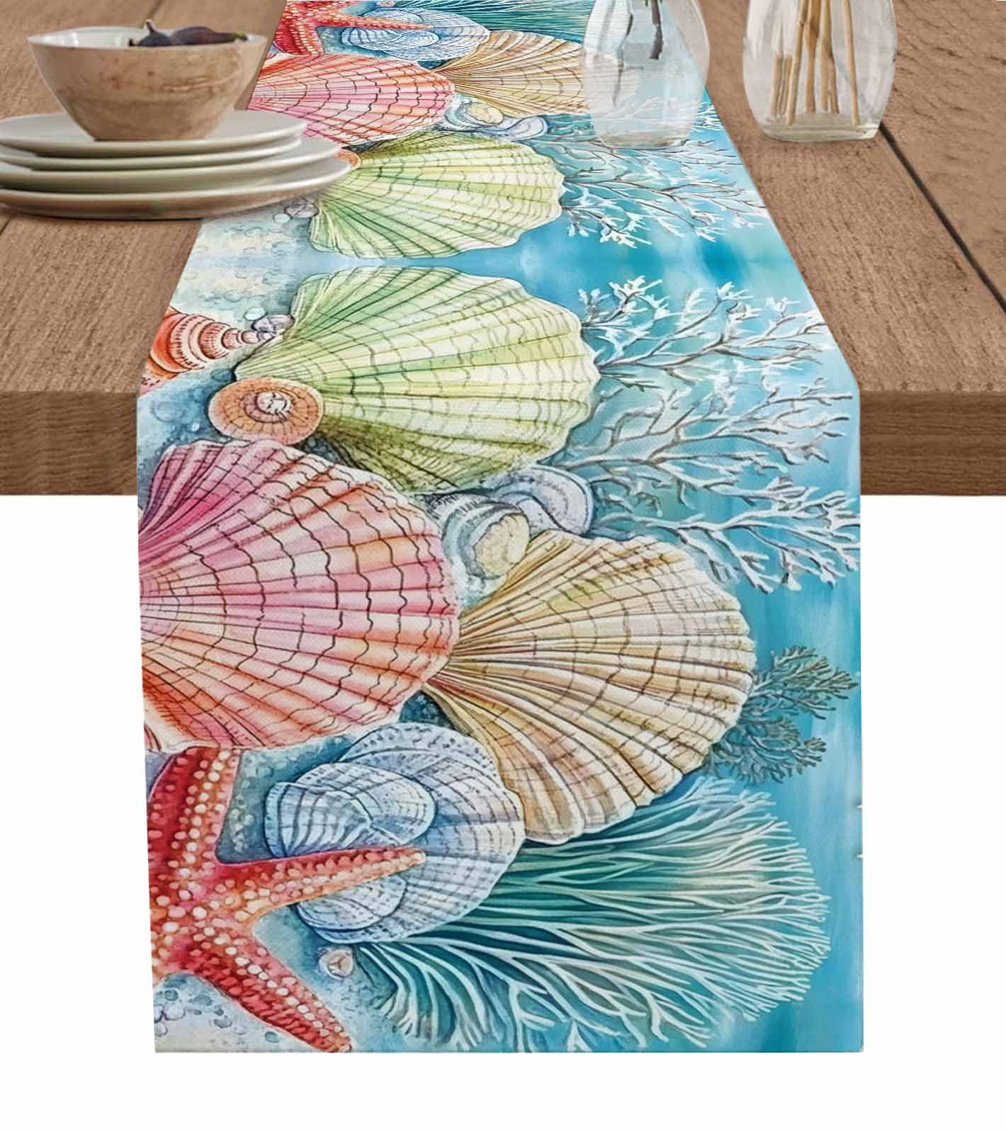 Colorful Shell Table Runner 70 Inches, Ocean Marine Life Coral Welcome ...