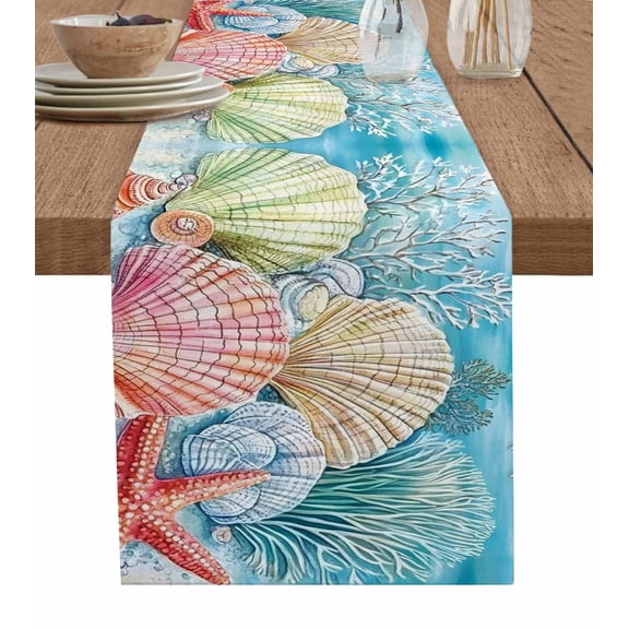 Colorful Shell Table Runner 90 Inches, Ocean Marine Life Coral Welcome Summer Bed Runner Dresser Scarves Tabletop for Indoor Outdoor Parties/Ceremony/Banquet, 13" x 90"