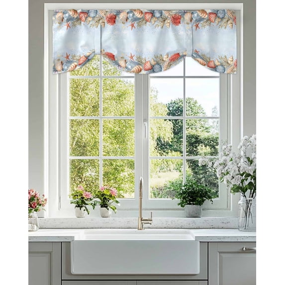 Colorful Shell Tie Up Valances Curtain, Adjustable Kitchen Ocean Coral Valances for Windows Decor, Rod Pocket Short Curtains Set for Bedroom/Bathroom, 60"x18"