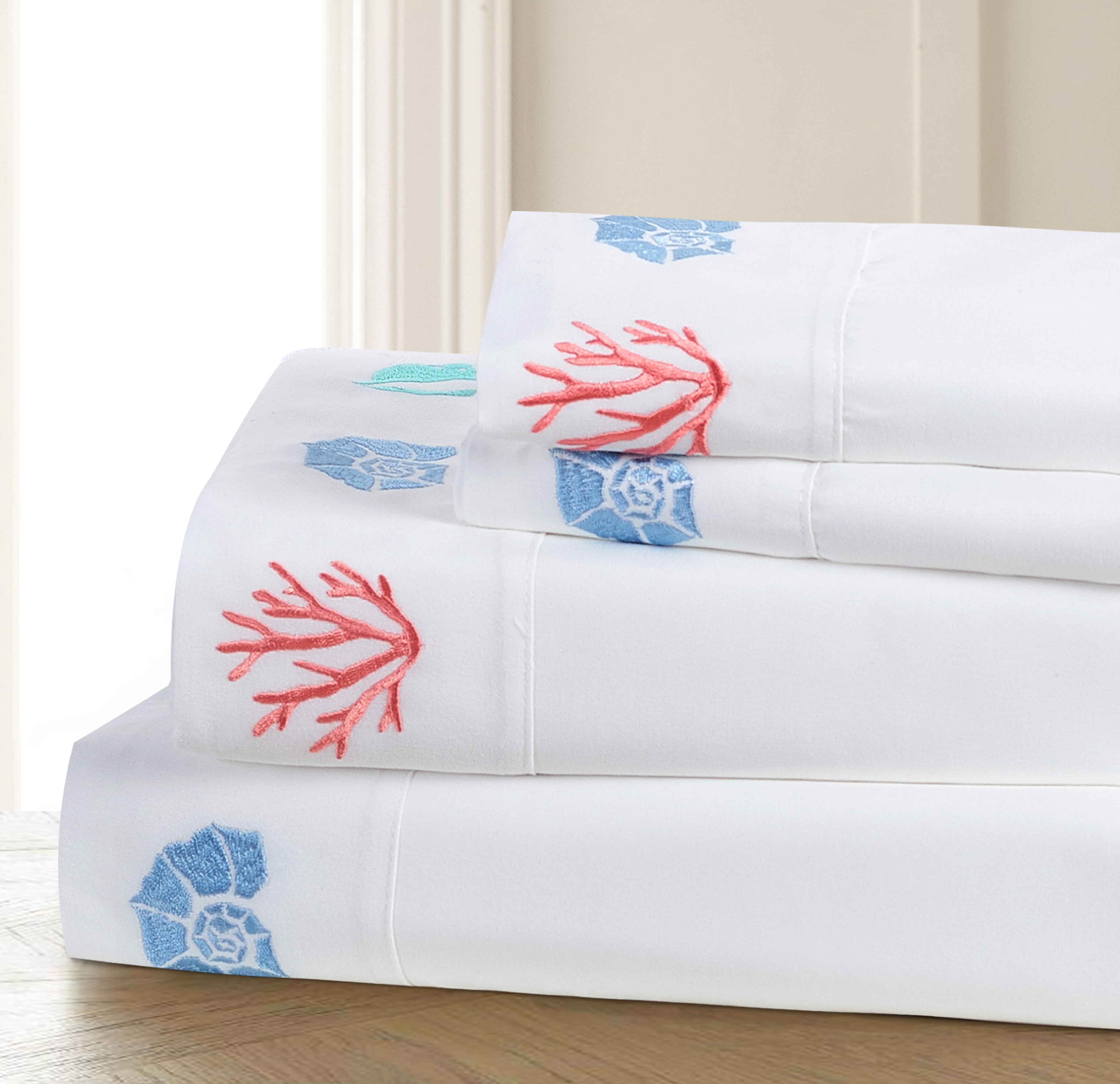 Colorful Shells 3-piece Embroidered Sheet Set Twin