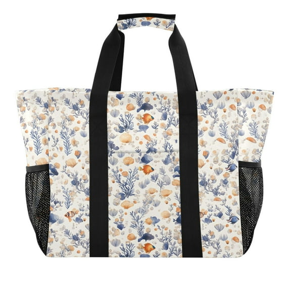 Colorful Shells Seaweed Reusable Grocery Bags with Handle Side Pocket Waterproof Shopping Portable Tote