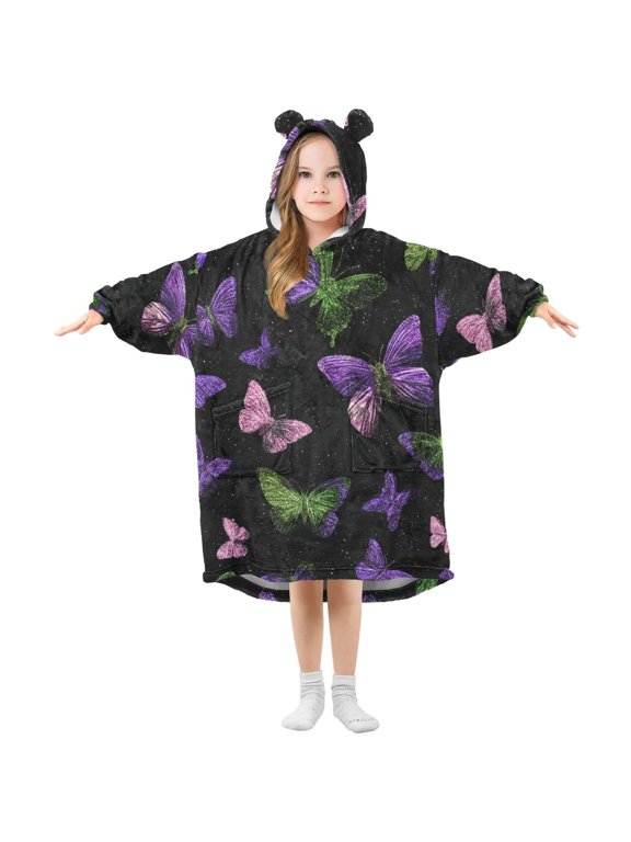 Colorful Shining Butterflies Beautiful Flannel Wearable Blankets Hooded Design Long Sleeves Wrap Unisex for 3T-14Y S