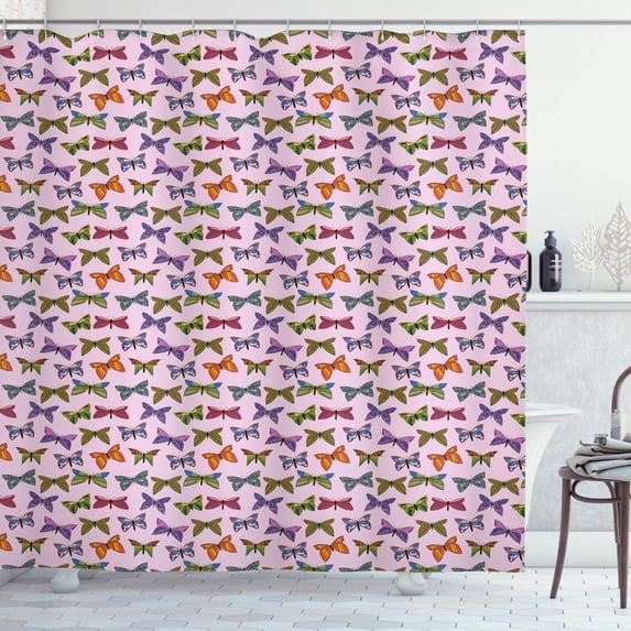 Colorful Shower Curtain, Doodle Style Artistic Butterflies Summer Spring Natural Inspiration Illustration, Fabric Bathroom Set with Hooks, 69W X 84L Inches Extra Long, Multicolor, by Ambesonne