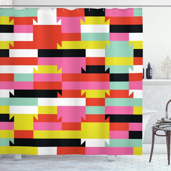 Colorful Shower Curtain, Geometric Bold Blocks with Lines Stripes Graphic Random Shapes in Pop Art Style, Fabric Bathroom Set with Hooks, 69W X 84L Inches Extra Long, Multicolor, by Ambesonne