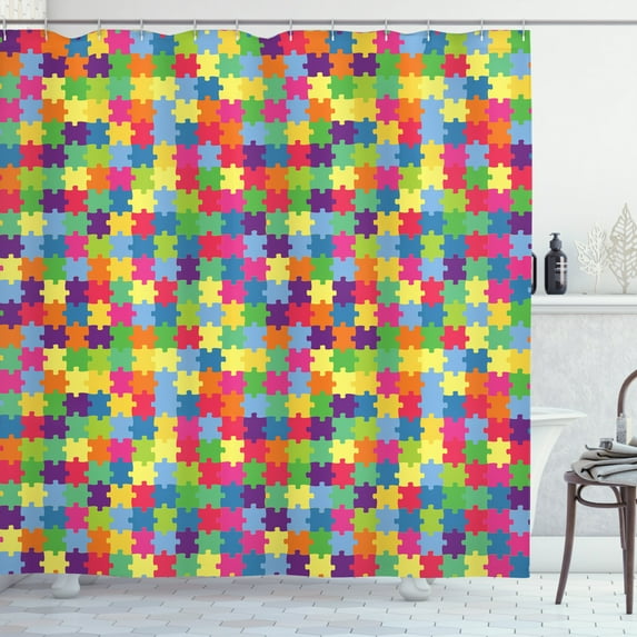 Colorful Shower Curtain, Geometric Design Patchwork of Puzzle Pieces Pattern in Repeating Sequential Order, Fabric Bathroom Set with Hooks, 69W X 70L Inches, Multicolor, by Ambesonne