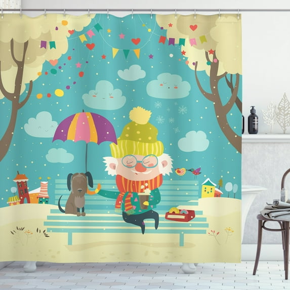 Colorful Shower Curtain, Old Man and His Dog Sitting on a Park Bench Eating Doughnuts in the Spring Forest, Fabric Bathroom Set with Hooks, 69W X 70L Inches, Multicolor, by Ambesonne