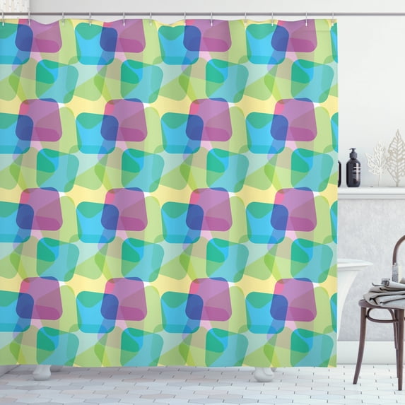 Colorful Shower Curtain, Skewed Square Shapes with Round Edges Overlap Geometric and Futuristic Design, Fabric Bathroom Set with Hooks, 69W X 75L Inches Long, Multicolor, by Ambesonne