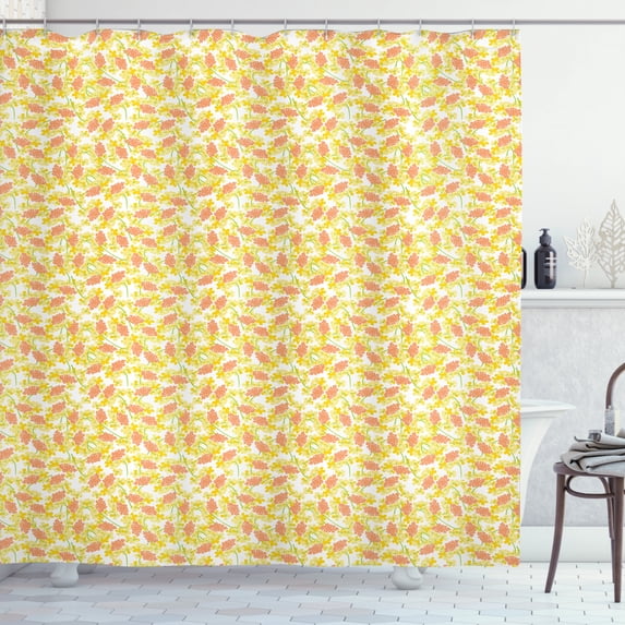 Colorful Shower Curtain, Spring Strelitzia and Wildflower Silhouette Vintage Hand Drawn Petals, Fabric Bathroom Set with Hooks, 69W X 70L Inches, Coral Yellow and Green, by Ambesonne