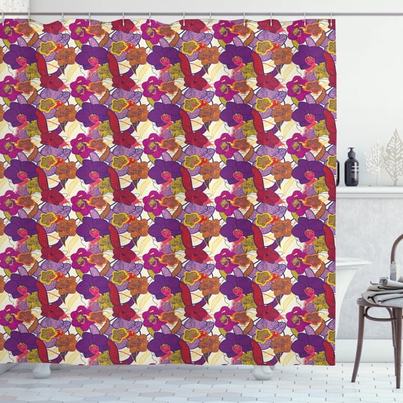 Colorful Shower Curtain, Vibrant Colored Orchid Flowers with Vintage Look Hand Sketch Style Exotic Blossom, Fabric Bathroom Set with Hooks, 69W X 84L Inches Extra Long, Multicolor, by Ambesonne