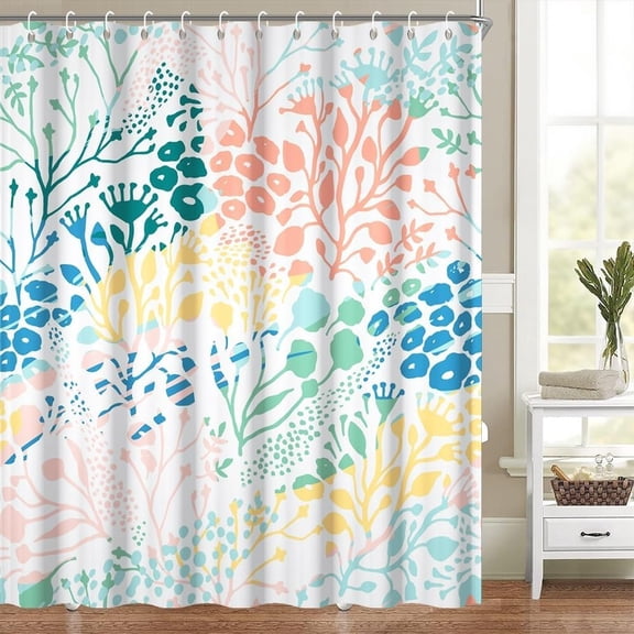 Colorful Shower Curtain Watercolor Coral Shower Curtains for Kids Bathroom Modern Abstract Flowers Bathroom Decor Set Botanical Themed Washable Waterproof Polyester Fabric with Hooks 72x72 Inch