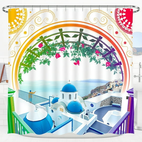Colorful Shower Curtain with Blue Dome Building & Ocean Design Floral Archway Decor