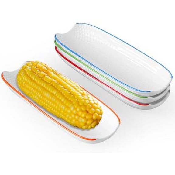 Colorful Side Ceramic Corn Cob Holders 8.8" Corn Dishes Set of 4, White Dishes Non-slip Bottom Microwave Dishwasher Oven Safe