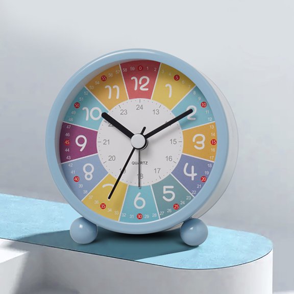 Colorful Silent Analog Alarm Clock with Night Light, No Ticking Quartz Learning Clock for Bedroom, Easy Adjustable Alarm, Battery Powered Educational Timepiece