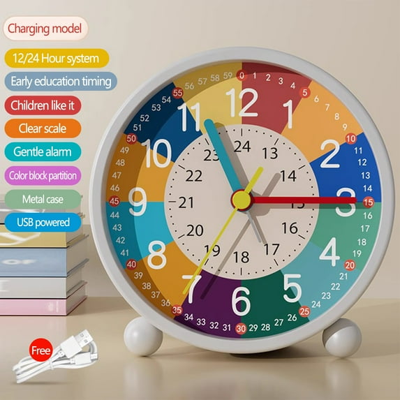 Colorful Silent Analog Alarm Clock with Night Light, No Ticking, Easy Adjustable Quartz Clock for Learning & Bedtime, Gift for School & Holidays