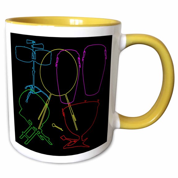 3drose, Colorful Silhouette Images of Musical Instruments Drums on Black, 11oz Two-tone Yellow Mug