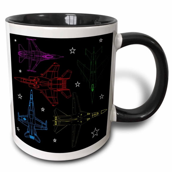 3drose, Colorful Silhouettes of Fighter Planes on Black. White Stars, 15oz Two-tone Black Mug