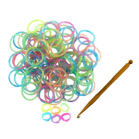 Colorful Silicone DIY LOOM BANDS - 100 GLITTER Bands - 6 "C" Clips With Tool