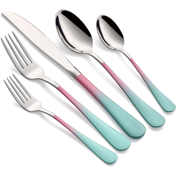 Colorful Silverware Set 20 Piece 18/0 Stainless Steel Flatware Pink and Green Handle Cutlery Set Service for 4 Fork Knife Spoon Set Mirror Finish Dishwasher Safe