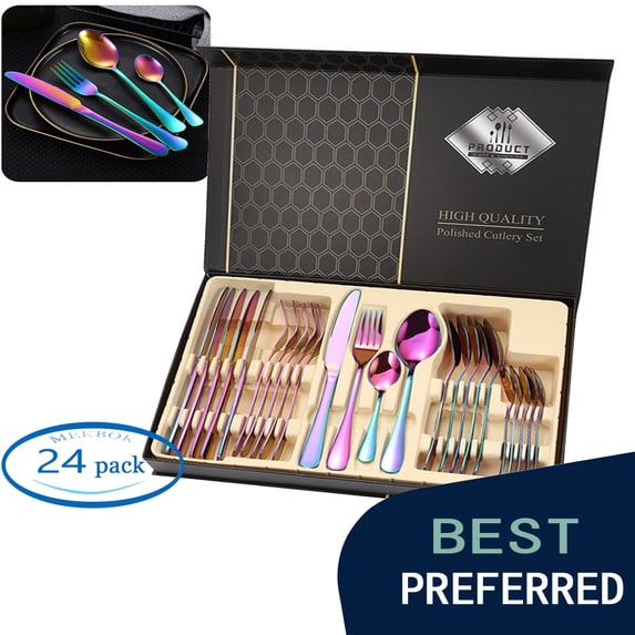 Colorable Silverware MEKBOK Colorful Silverware Set, 24-Piece Stainless Steel Flatware for 6 ...