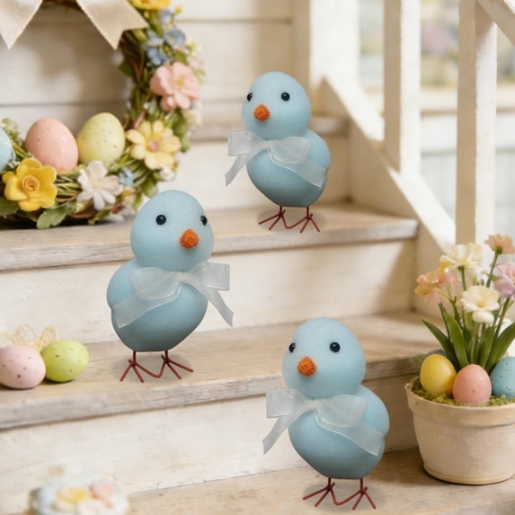 Easter Bunny Plush Colorful Chicken Ornament Round Body Orange Beak White Bow Transparent Ribbon, Easter Decorations for Home