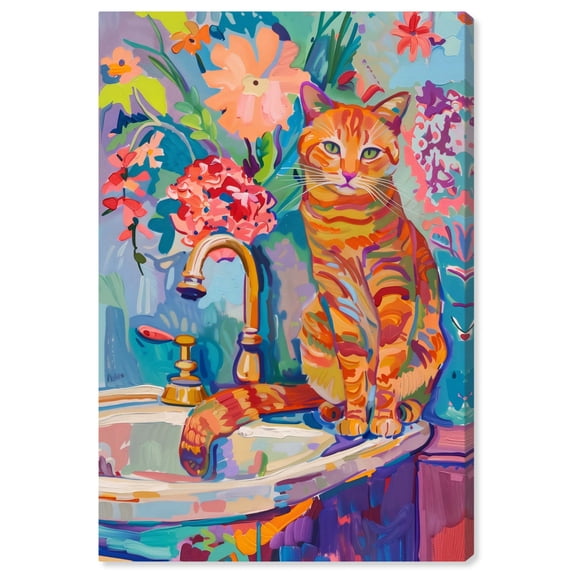 Colorful Sink Cat Canvas Jungle Bathroom Art by Art Remedy, Gallery Wrapped, 16" x 24"