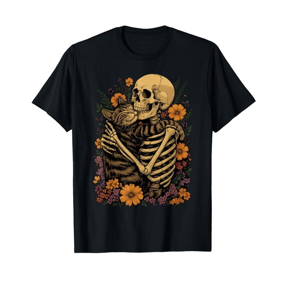 Colorful Skeleton Embracing Cat Floral T-Shirt for Halloween Cat Lovers