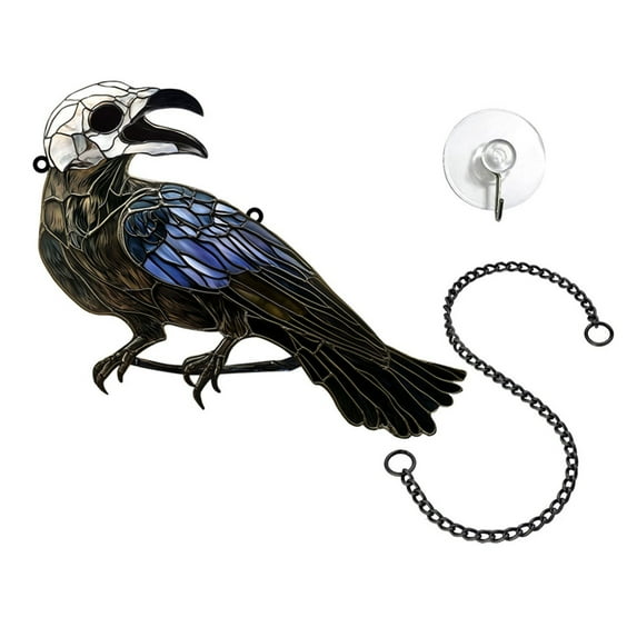 Colorful Skull Corw Stained Glass Suncatcher Hanging for Window, Art Pendants Bats Halloween Decorations
