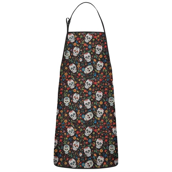 Colorful Skull Flower Pattern Apron-Garden Aprons for Women with Pockets-Cotton Linen Waterproof Kitchen Cooking Gardening Aprons Adjustable for Kitchen,Cooking,BBQ and Salon 33x27 Inch