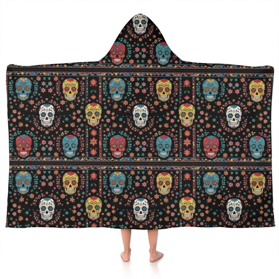 Colorful Skull Flower Pattern Hooded Bath Towel，50"x30" for Ages 3 To 12 Kids, Quick Dry Lightweight Soft Microfiber Hood Beach Towel Cover Up for Kids