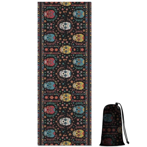Colorful Skull Flower Pattern Hot Yoga Mat Towel Non Slip for Hot Yoga - Quick-Drying Yoga Mat Cover with 4 Corner Pockets with Travel Bag - Hot Yoga Towel Non Slip 74"x26"