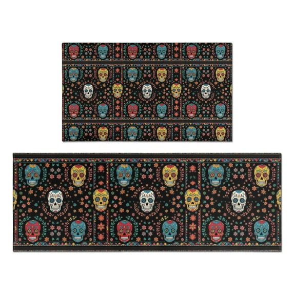 Colorful Skull Flower Pattern Kitchen Rugs Sets Of 2,Anti Fatigue Kitchen Mat Rugs Non Slip Washable,Decorative Kitchen Floor Mats for Kitchen,Sink,Laundry,17"x30"+17"x47"