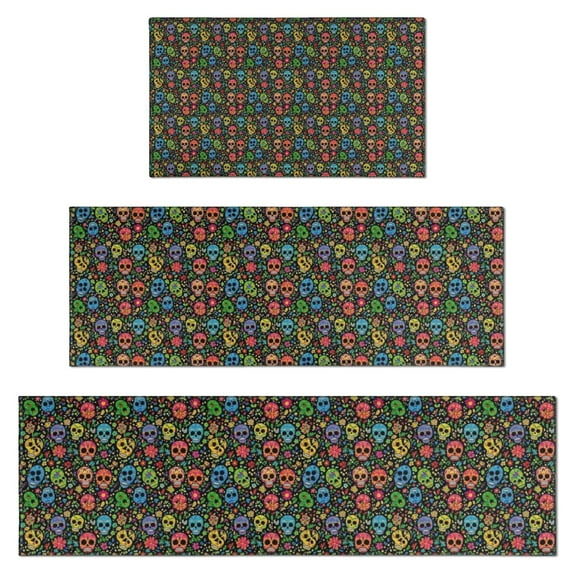 Colorful Skull Flower Pattern Kitchen Rugs Sets Of 3,Kitchen Runner Rugs Non Skid Washable,Decorative Kitchen Floor Mats for Kitchen,Sink,Laundry,17"x30"+ 17"x47" + 17"x59"