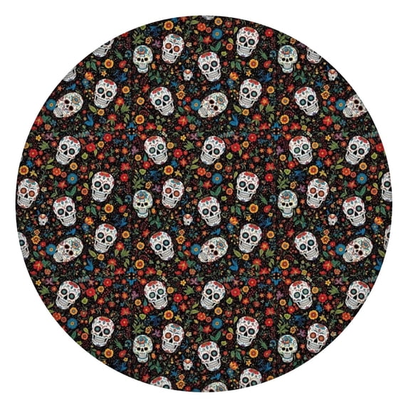 Colorful Skull Flower Pattern Round Fitted Tablecloth with Elastic Edge,Dining Table Cover Waterproof,Outdoor Round Tablecloth for Camping,Dining,Indoor and Outdoor