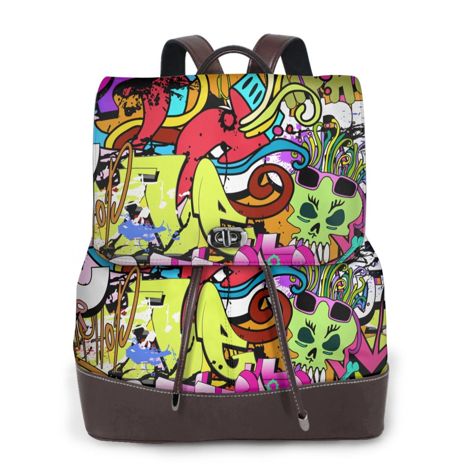 Colorful Skull Graffiti Leather Backpack for Women - Edgy Punk ...
