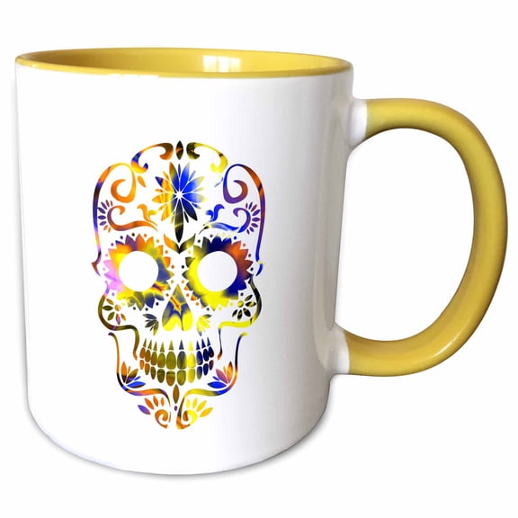 3drose, Colorful Skull Head Adorned with White Background Modern Creative, 11oz Two-tone Yellow Mug
