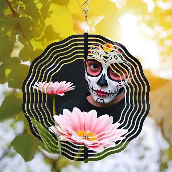 Colorful Skull Mask Design Metal Hanging Wind Spinners & Chimes for Yard & Garden - Intricate Patterns with Vibrant Floral Accents